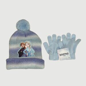 Disney Frozen Kids Blue Beanie Hat and Gloves Set